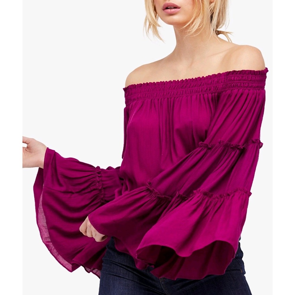Free People " Free Spirit" Off The Shoulder Top SZ XS Magenta Ruffle Bell Sleeve - Picture 2 of 9